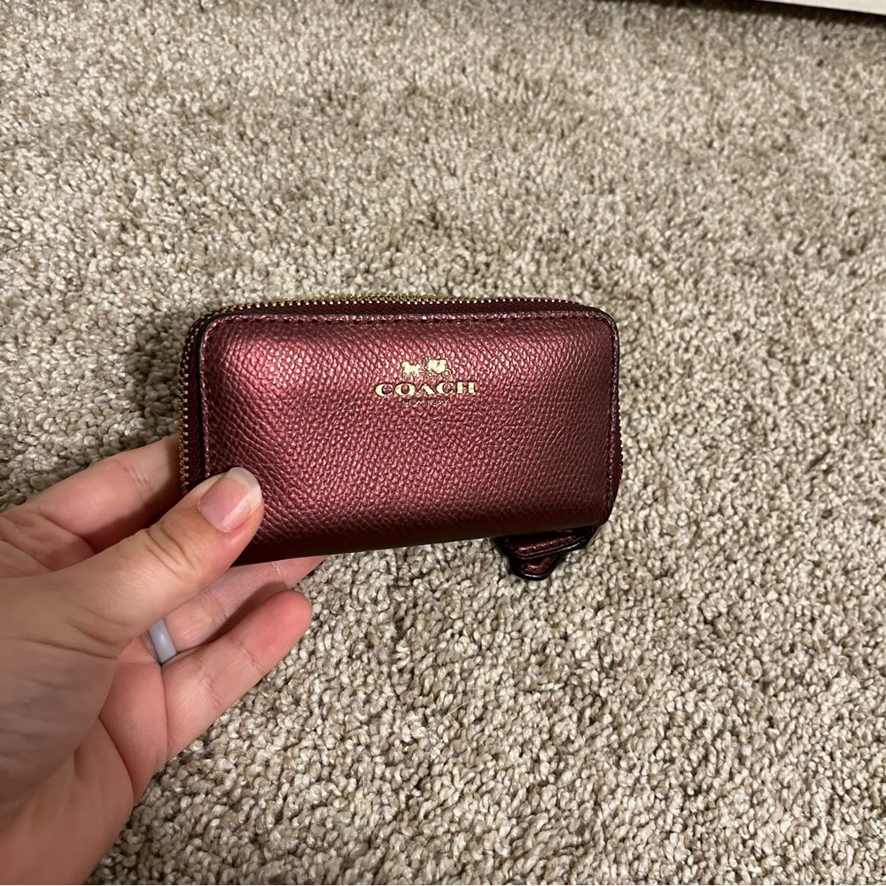 COACH double zip leather coin case in metallic cherry #F63921
